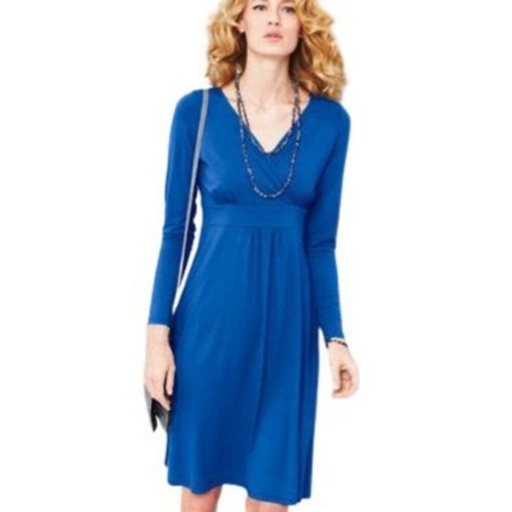 Eileen Fisher Royal Blue Long Sleeve V Neck‎ Knee Length A Line Dress Size